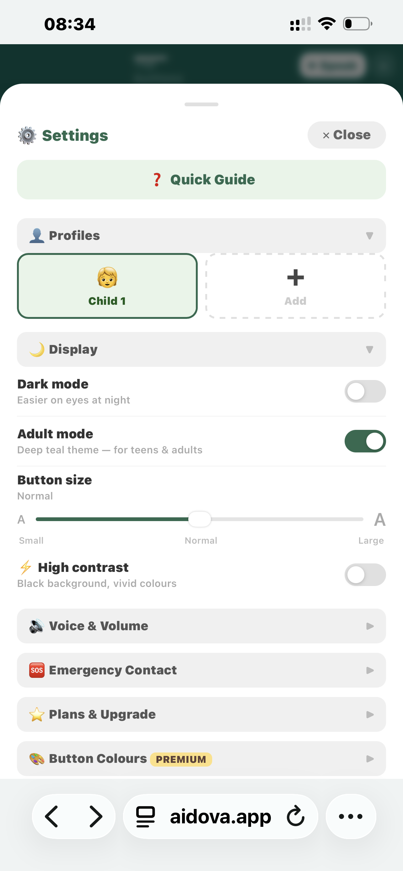 Settings panel — profiles, voice, emergency, display options